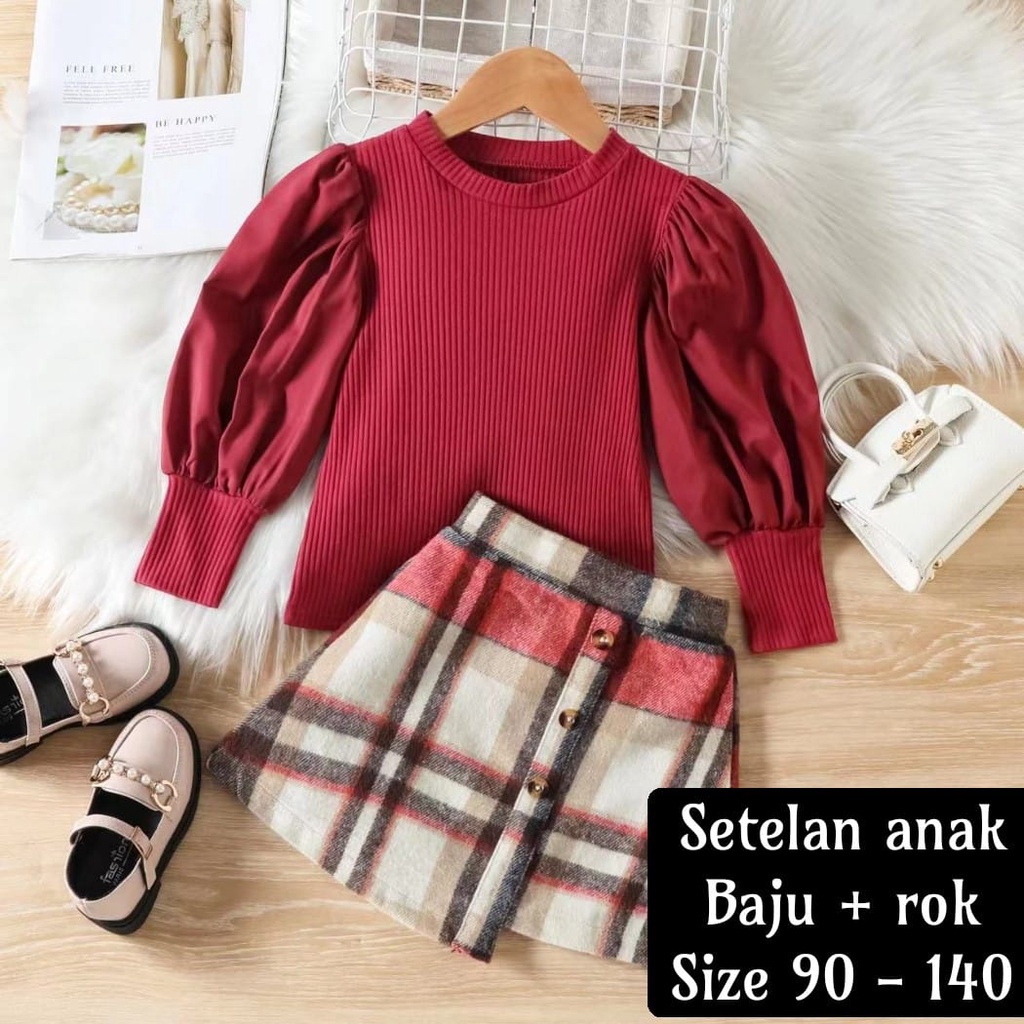 ( LOLI-JKT) BS-359 SETELAN ANAK MAROON SKIRT KOTAK SIZE 90-140