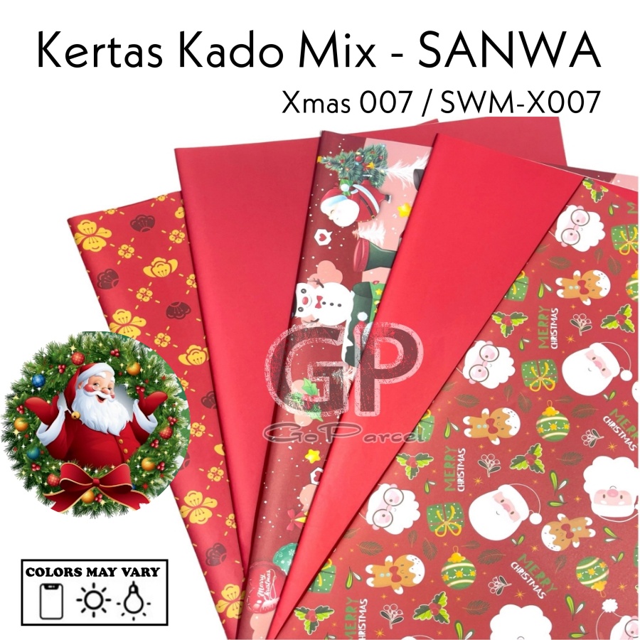 ( 5 Lembar 5 Motif ) NATAL MIX SANWA - KERTAS KADO - GIFT WRAP SANSAN WAWA XMAS MERRY CHRISTMAS BUNGKUS RED GREEN WHITE STAR