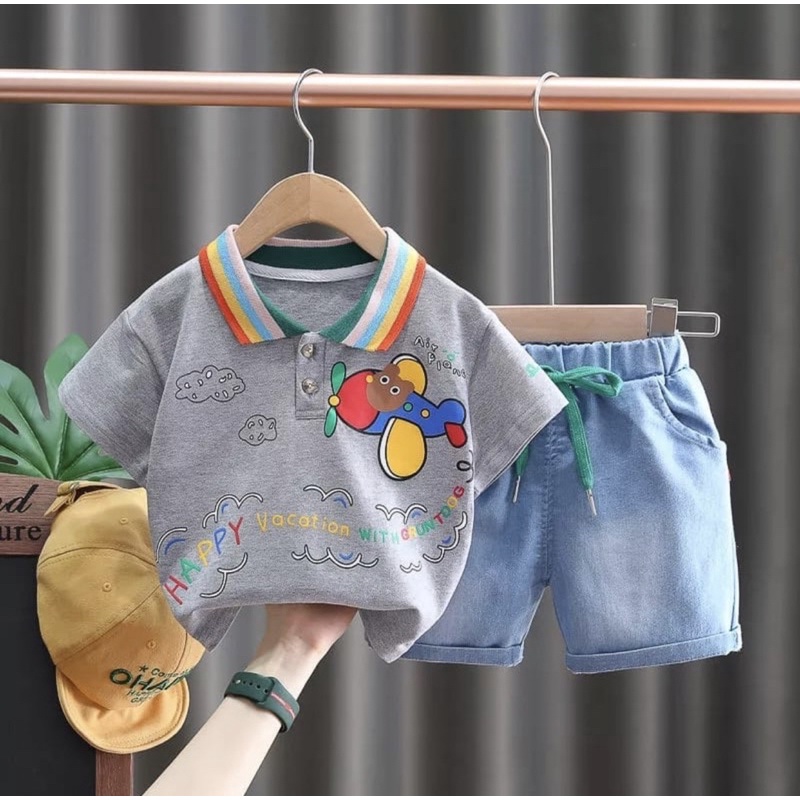 setelan anak kerah celana pendek denim 1-5 tahun grosir motif