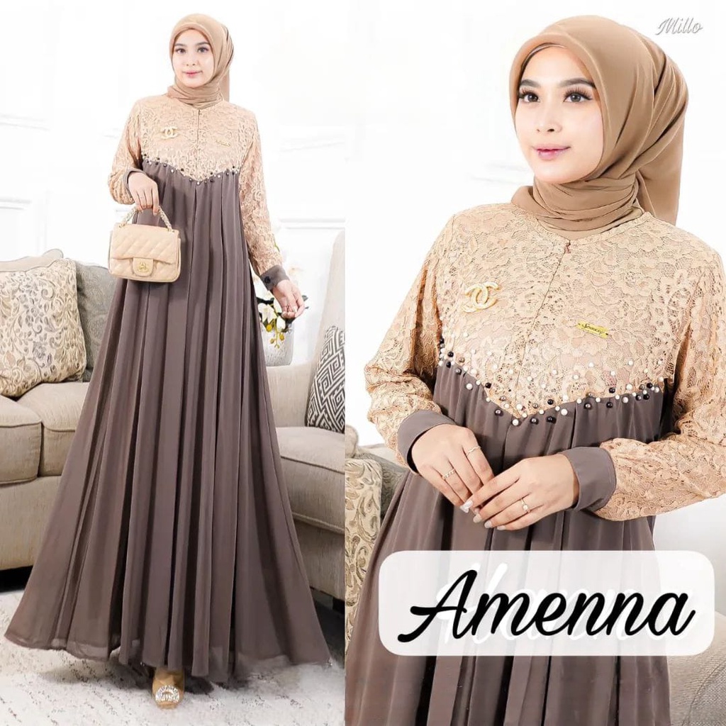 Baju Gamis Bordir Wanita Dewasa / Remaja Terbaru Amenna Dress Bahan Ceruty babydoll full Mix Brukat Aplikasi Mutiara /Baju Gamis Bordir  Size L, XL, LD 105,110, /Gamis Ceruty Premium /Gamis Menyusui Kekinian 2022/Gamis Viral