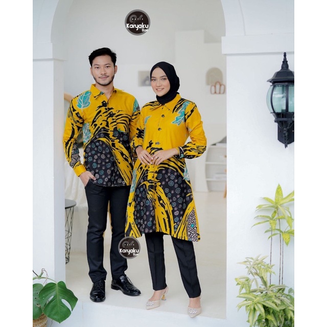 NEW Atasan Tunik Batik Wanita Couple Kemeja Batik Pria Exlusive Best Seller - Motif Abstrak Kuning Kancing