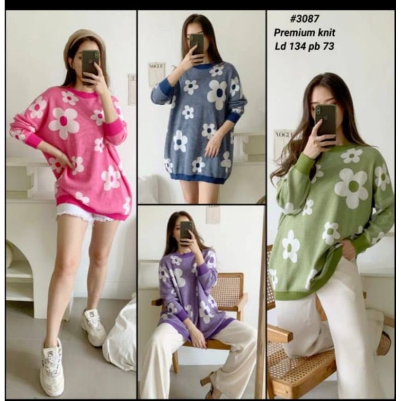 SWEATER RAJUT WANITA MODEL OVERSIZE FLOWER PRINT PREMIUM SEMI MINI DRESS BAJU DINGIN TANGAN PANJANG 