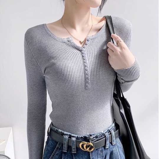 【Elegant】V-Neck Long Sleeve Button Knit T-Shirts  2365