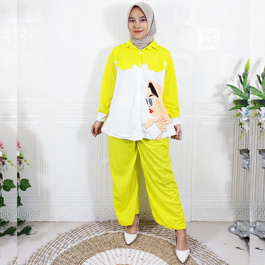 ONE SET WANITA JUMBO KEMEJA LD 110cm DAN CELANA PANJANG MINIGO GADIZ BUSUI FRIENDLY GL FASHION