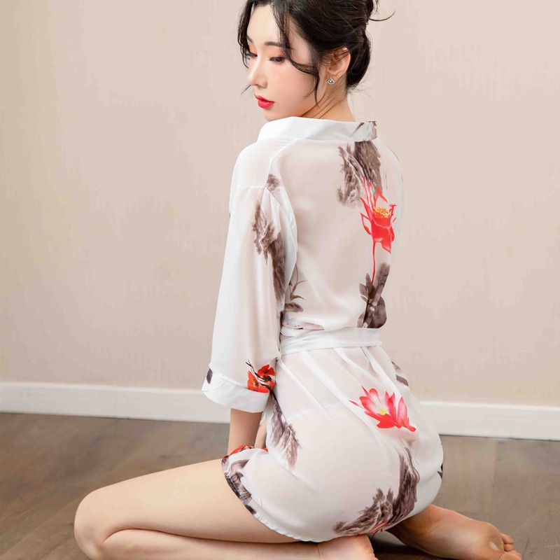 Kimono Lingerie Sexy Gstring Satin Lengan Panjang Transparan Baju Tidur Wanita Dewasa 2in1 Sleepwear