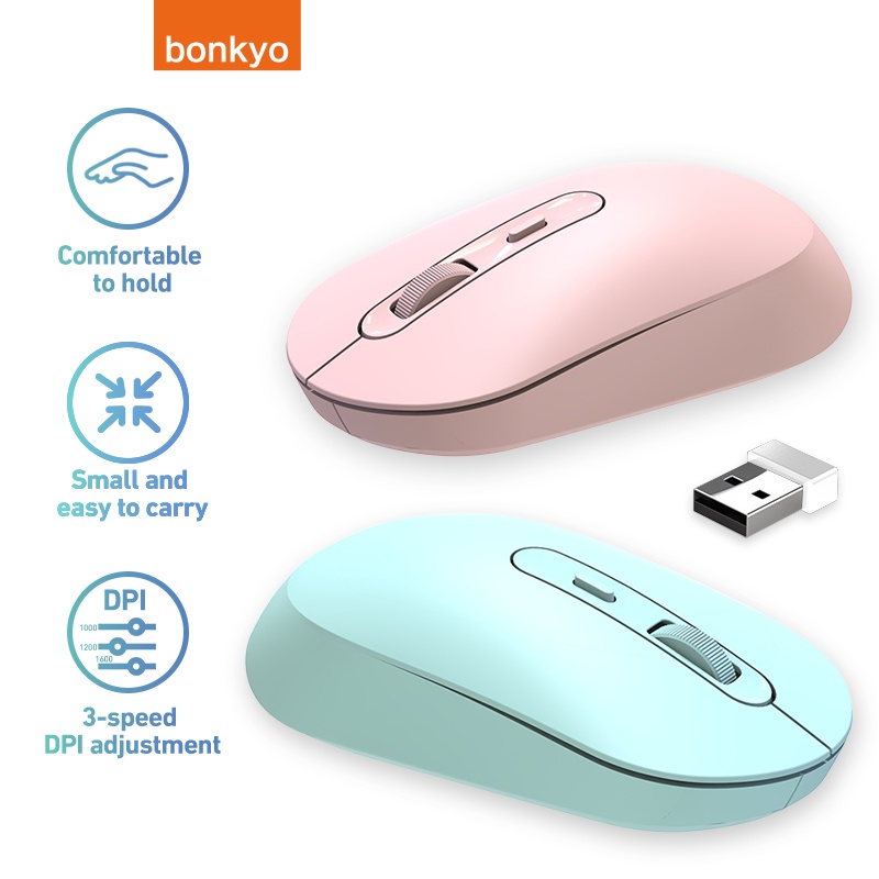 Bonkyo Mouse Wireless Optical 1000-1600 DPI Silent Click Slim 2.4G Wireless USB Receiver