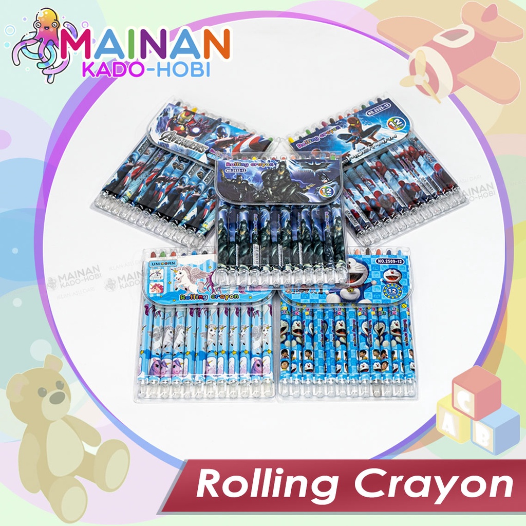 ALAT TULIS STATIONERY ROLLING CRAYON PANJANG PUTAR KARAKTER ANIME KARTUN SUPERHERO