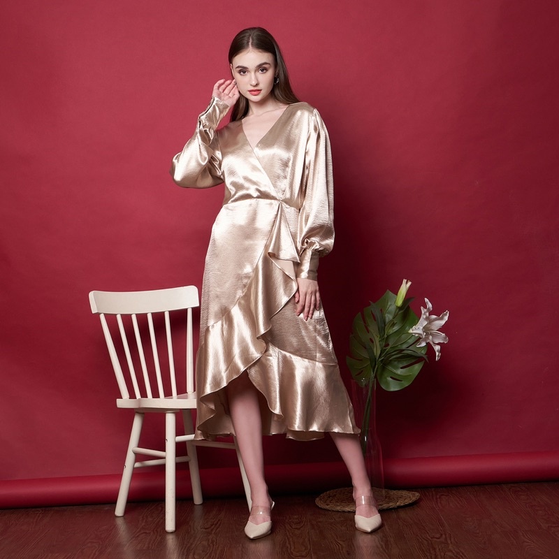 Lisa Dress - Satin Dress - Gold