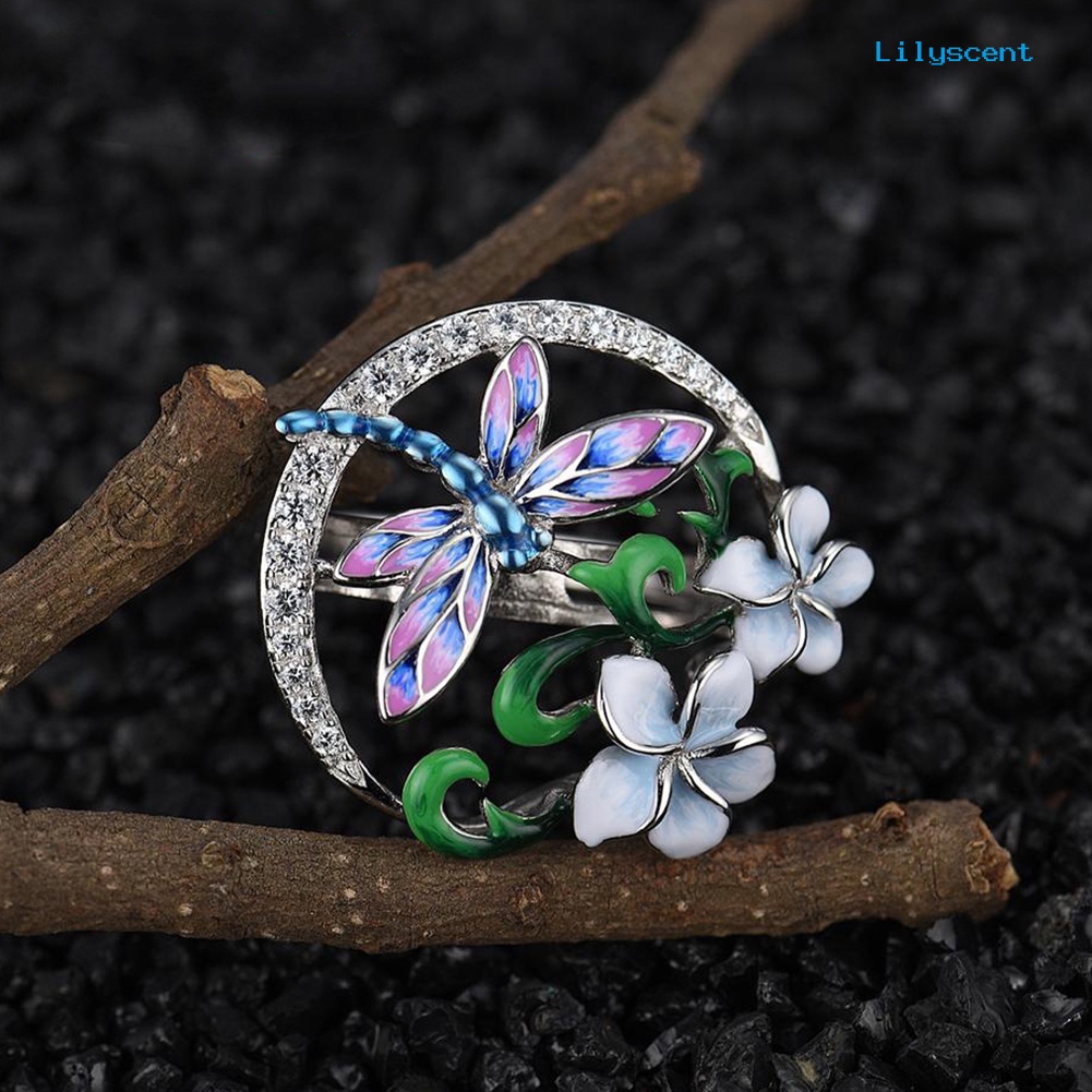 [LS] Wanita Enamel Bunga Capung Berlian Imitasi Liontin Kalung Anting Cincin Perhiasan