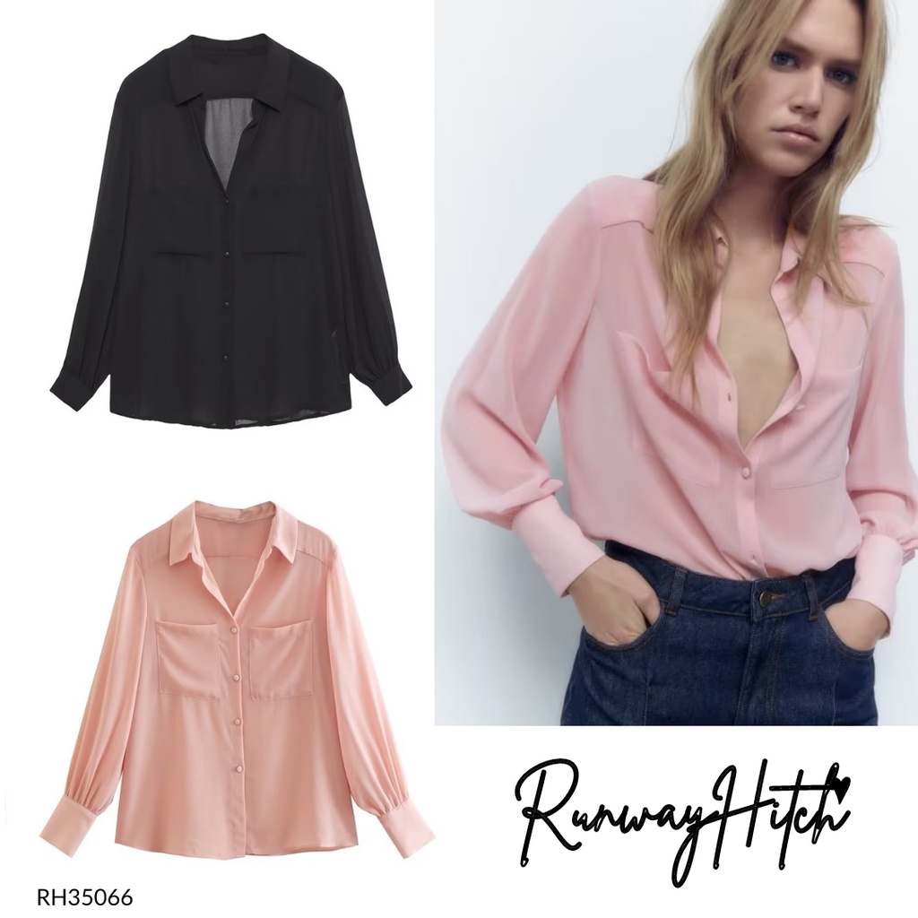KEMEJA SIFON PINK OVERSIZE IMPORT RH35066 / CHIFFON POCKET SHIRT HITAM