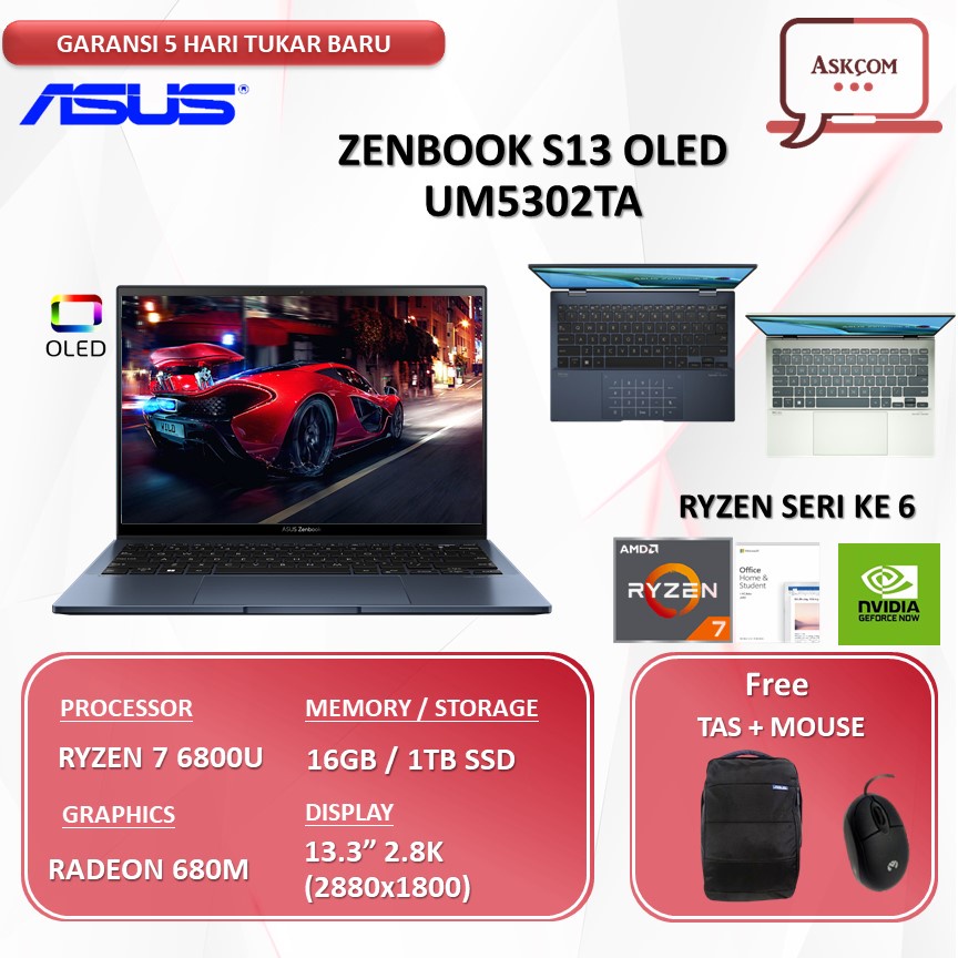 Laptop Asus ZenBook S13 Oled UM5302TA Touch RYZEN 7 6800U RAM 16GB 1TB SSD RADEON 680M OHS 13.3 2.8K W11