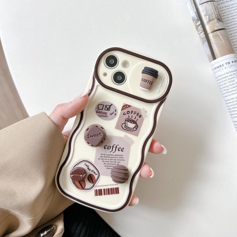 Fashion Coffee Bean Doll Push The Window Cover Soft Case iP iPhone 11 12 13 14 Pro Max + Plus Brown Wavy Casing Apple