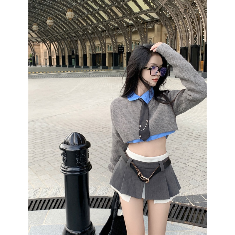 ✒Suhao abu-abu lengan panjang sweater wanita musim gugur 2022 versi Korea baru retro pullover v-neck sweater slim top