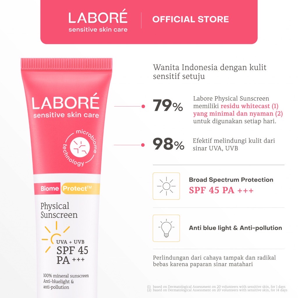 LABORE BiomeProtect Physical Sunscreen Indonesia / Tabir Surya Wajah 10ml 30ml / 100% Mineral Sunscren Anti Bluelight Pollution / UV Protection Sunblock / Sensitive Skin Care Kulit Sensitif Skincare Face Wash Toner Serum Day Night Cream Moisturizer Mask