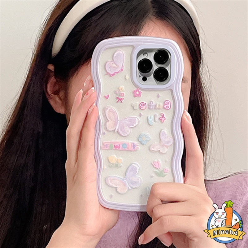 IPHONE Casing Kompatibel Untuk Iphone14 13 12 11 Pro Max X Xr Xs Max Iphone8 7 6 6s Plus Casing Ponsel Kupu-Kupu Ungu Populer Bingkai Bergelombang Silikon Bening Anti-Jatuh Soft Case Cover Pelindung