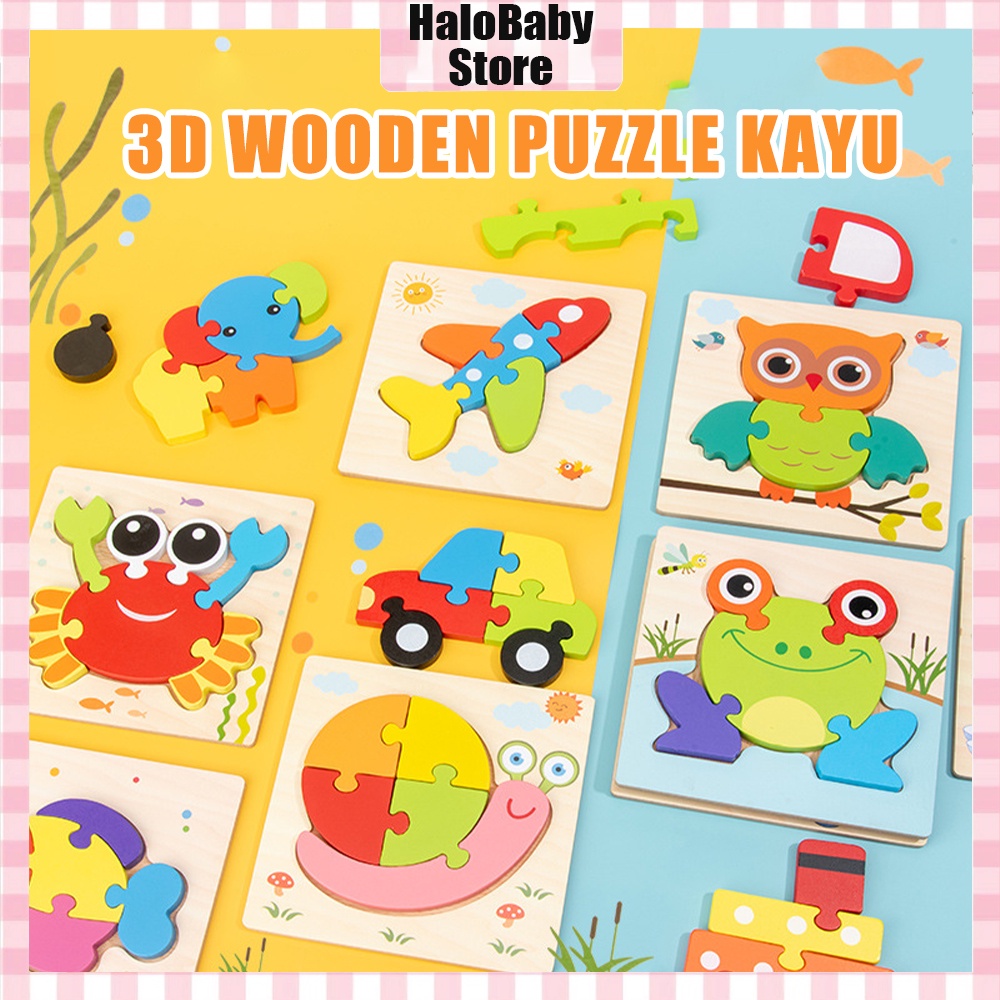 Halo Baby 3D wooden puzzle kayu/Karakter Hewan dan Kendaraan Lucu Puzzle Wooden/chunky puzzle Mainan Edukasi Anak