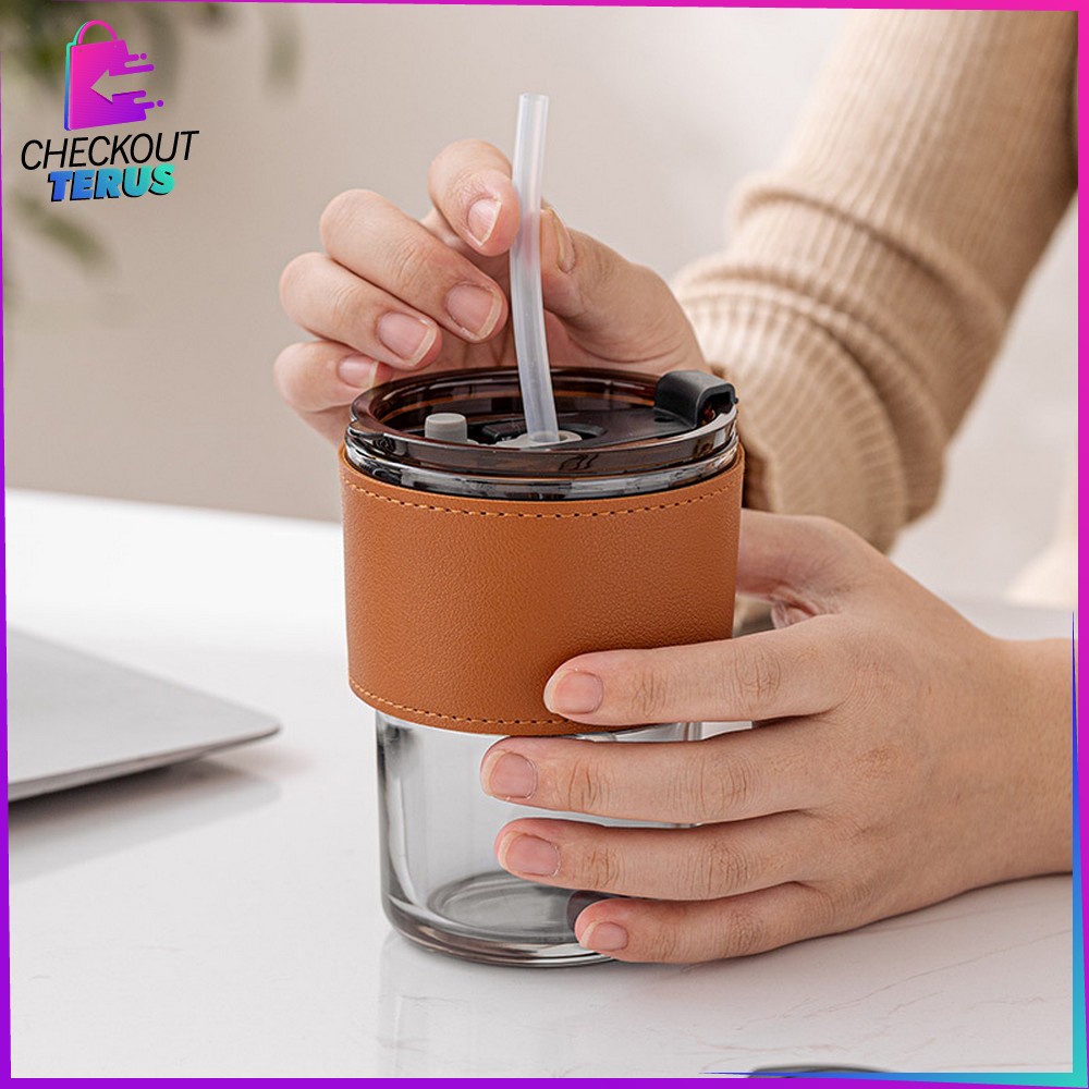 CT C742 Tumbler Minum Aesthetic Gelas Minum Transparan Ukuran 400ML dengan Sedotan Bottle Cup Kaca Anti Panas Portabel