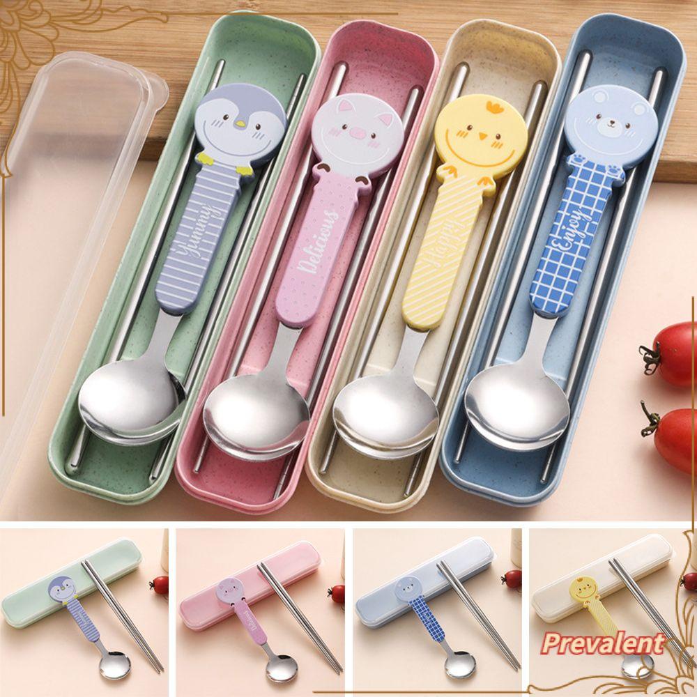 Preva 2Pcs/Set Peralatan Bayi Bentuk Kartun Stainless Steel PP Handle Sendok Garpu Anak