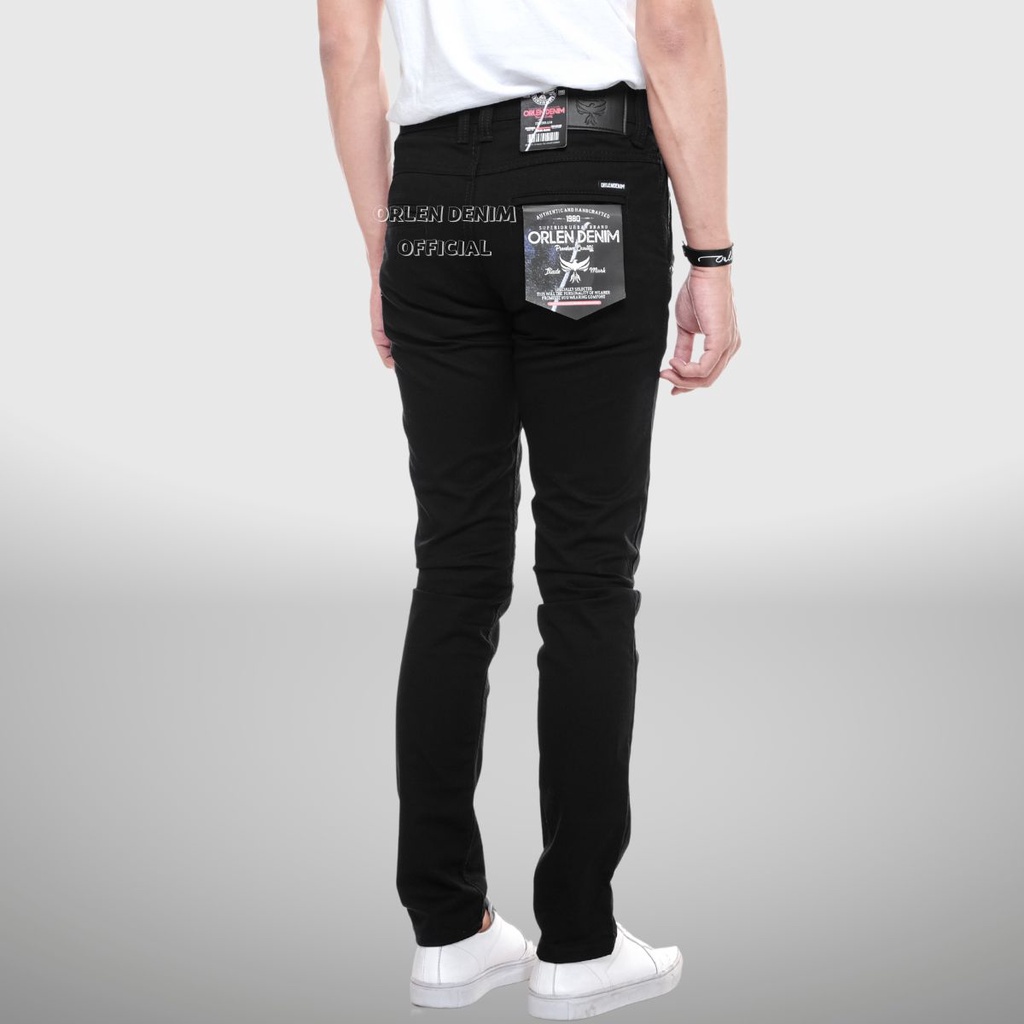 ORLEN DENIM - Celana Jeans Lepis Hitam Pensil Skinny Semi Slim Fit Panjang Pria Cowok Cowo Laki Laki