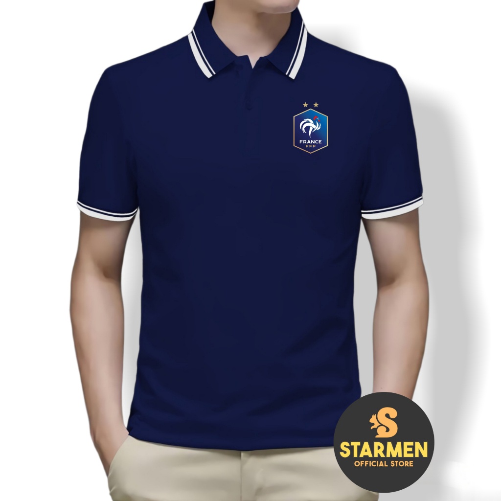 Kaos Polo Shirt Pria Kerah List Putih logo FRANCE