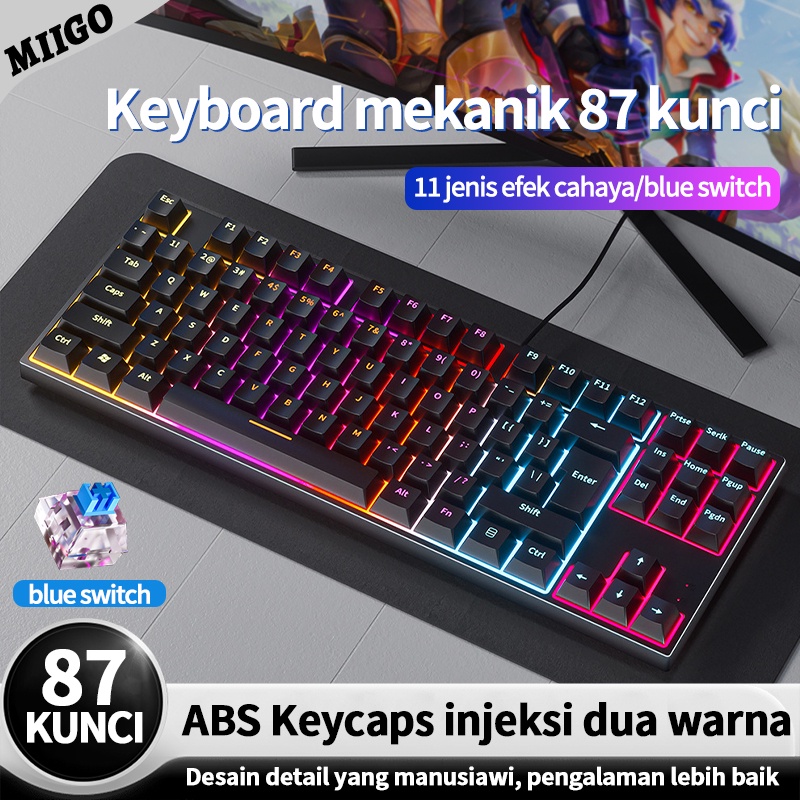 barang diskon!Mechanical Keyboard 87 Keys RGB LED Backlight 11 jenis efek cahaya  blue switch keyboard gaming keren