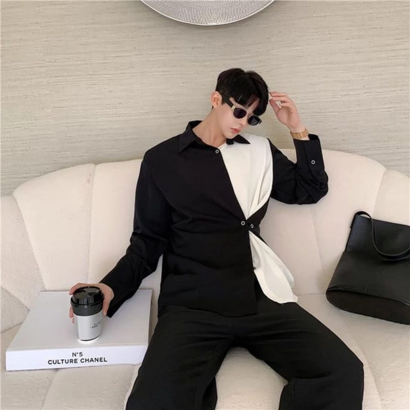 Men Korean Shirt.Men Black&White Shirt.men Summer&Spring Shirt