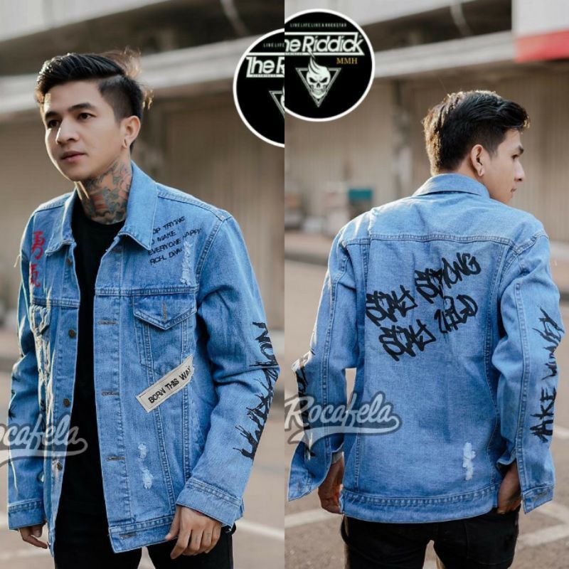 Rocafela Jaket Denim New Fashion Graffiti Blitz biru muda tua dan Gelap