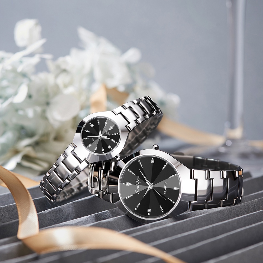Sunlifex Jam Tangan Couple 9090-M+SL9090-W Stainless Steel Berlian Anti Air Analog Bisnis Kuarsa Jam Tangan Wanita/Pria-1