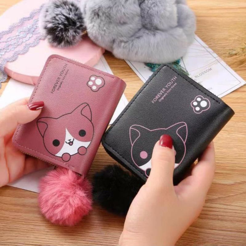 Dompet Koin Mini Wanita + Pom2 Motif Cat Cute Fashion Trendy Fashion Wallet ACC