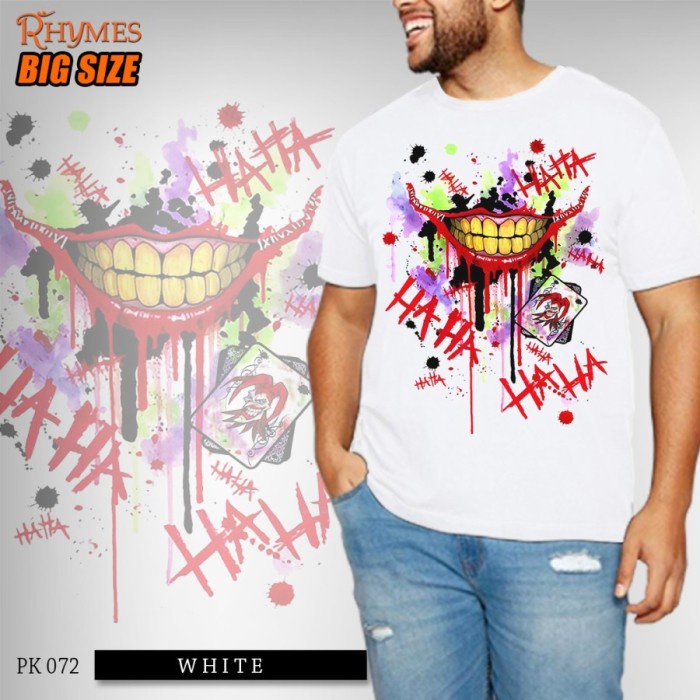 Kaos Big Size Pria Joker Haha Putih Rhymes Baju Atasan Jumbo Distro Katun Premium Size M-XXXL