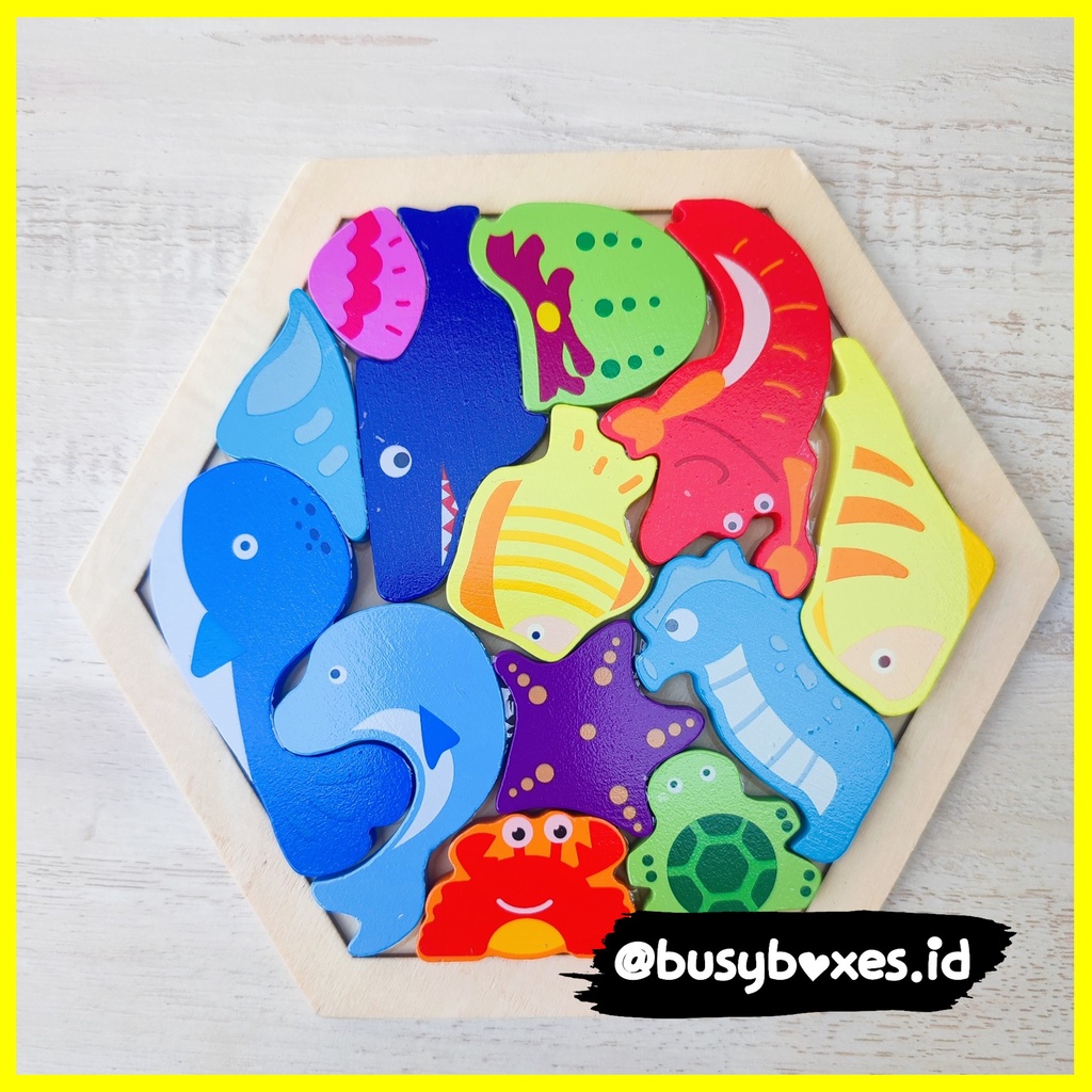 Busyboxes.id Mainan anak puzzle edukasi anak 1 2 3 tahun laki laki perempuan mainan edukasi Montessori puzzle jigsaw 3d kayu hewan binatang seri -  hexagonal sea animals hewan laut ocean