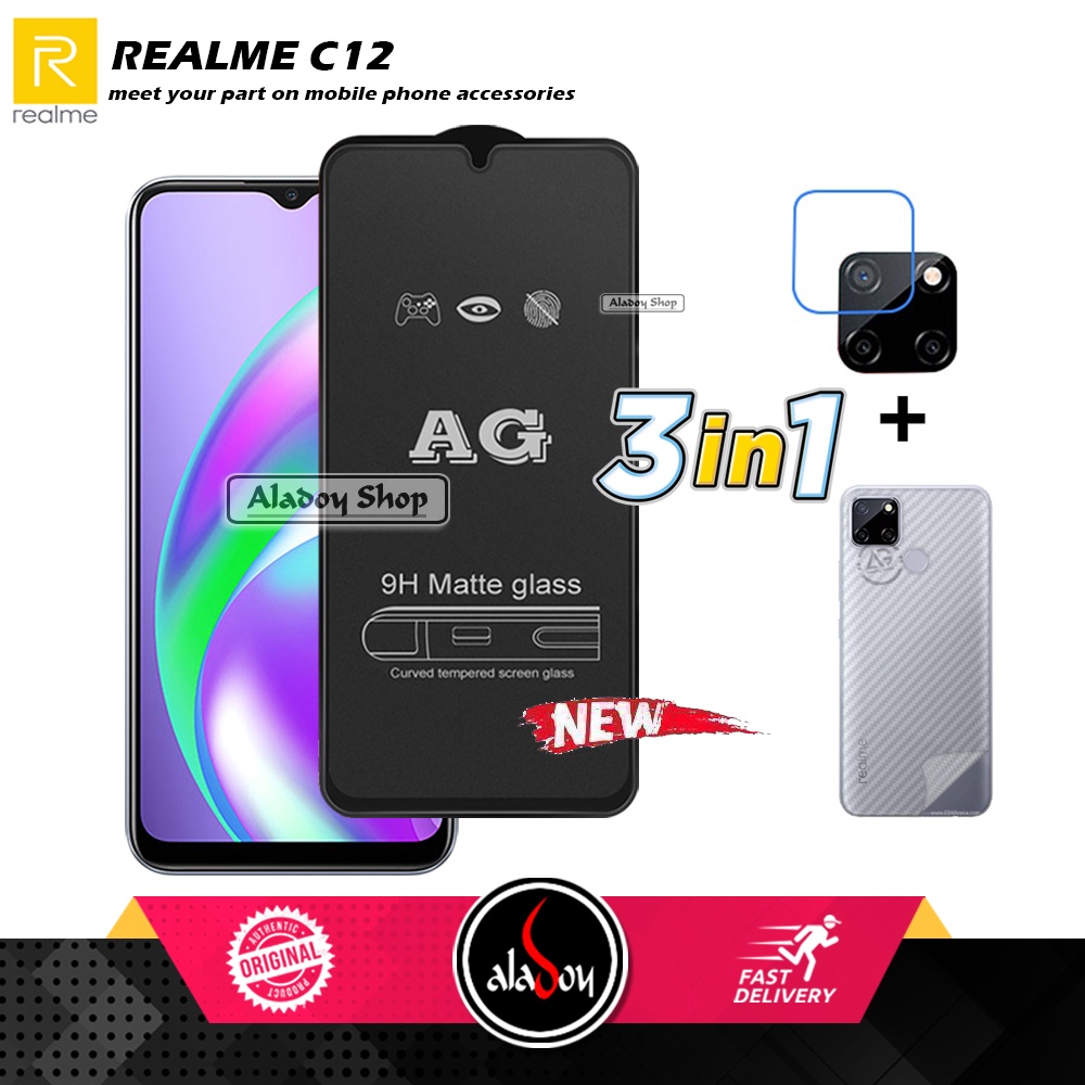 Paket 3IN1 Tempered Glass Layar Matte Anti Glare Realme C12 Free Tempered Glass Camera dan Skin Carbon