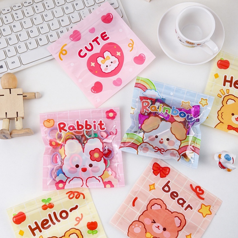 [Harga Grosir] Kantong Makanan Zipper Cemilan Kartun Kelinci Beruang Baking Packaging Bags Permen Biskuit Kacang Kantong Resealable Jewelry Stationery Storage Bags Lucu Anti Bocor