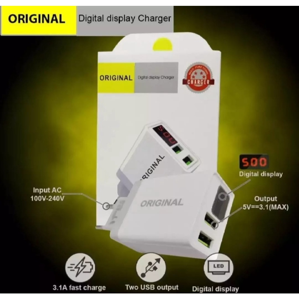 Charger Casan Adaptor 2 Port USB / Batok Charger Miror Lake PPS Digital Display 18+Kabel Data Micro USB 2 Port USB Charger Adaptor 3.1A Input Output Kepala Adapter Charger-Fast Charge