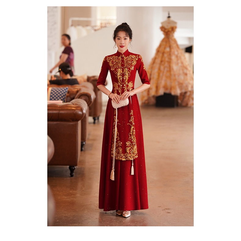 Gaun Pesta D22032 Cheongsam Merah Lengan Siku Sangjit Dress Gown