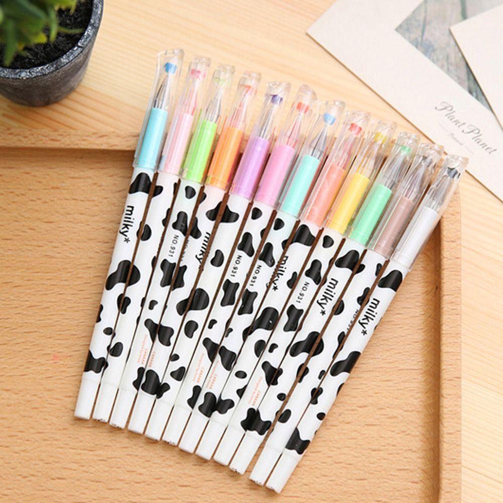 Populer 12warna/Set Gel Pen Alat Tulis Pola Sapi Siswa Hadiah Pena Tip Berlian