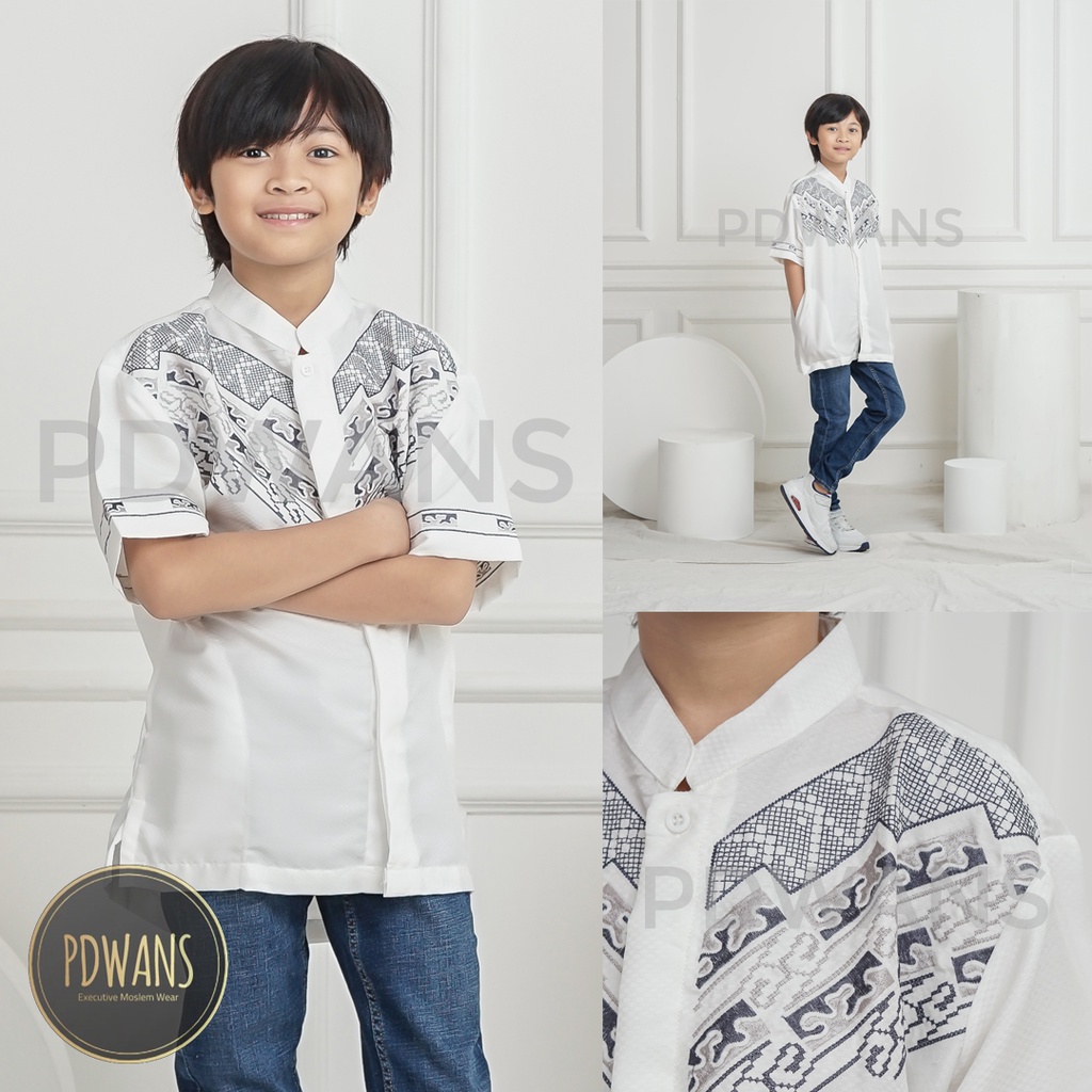 Baju Koko Poli Katun Anak Remaja Tanggung Lengan Pendek Putih Kemeja Koko Muslim Bordir PDWANS - RKPDK03TGG