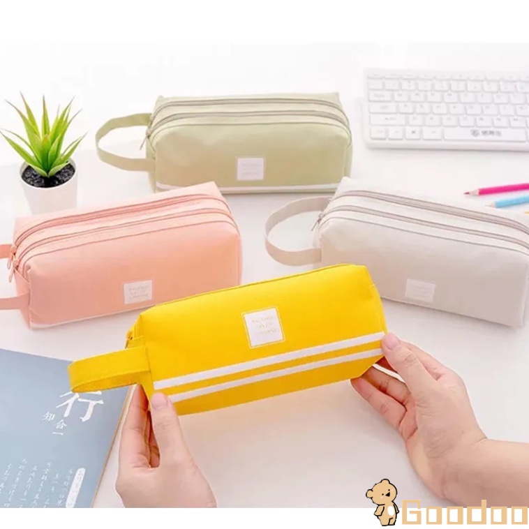 Tempat Pensil Warna Warni Double-layer Besar Portable Kotak Pensil Pouch Oxford Resleting Alat Tulis-Doo