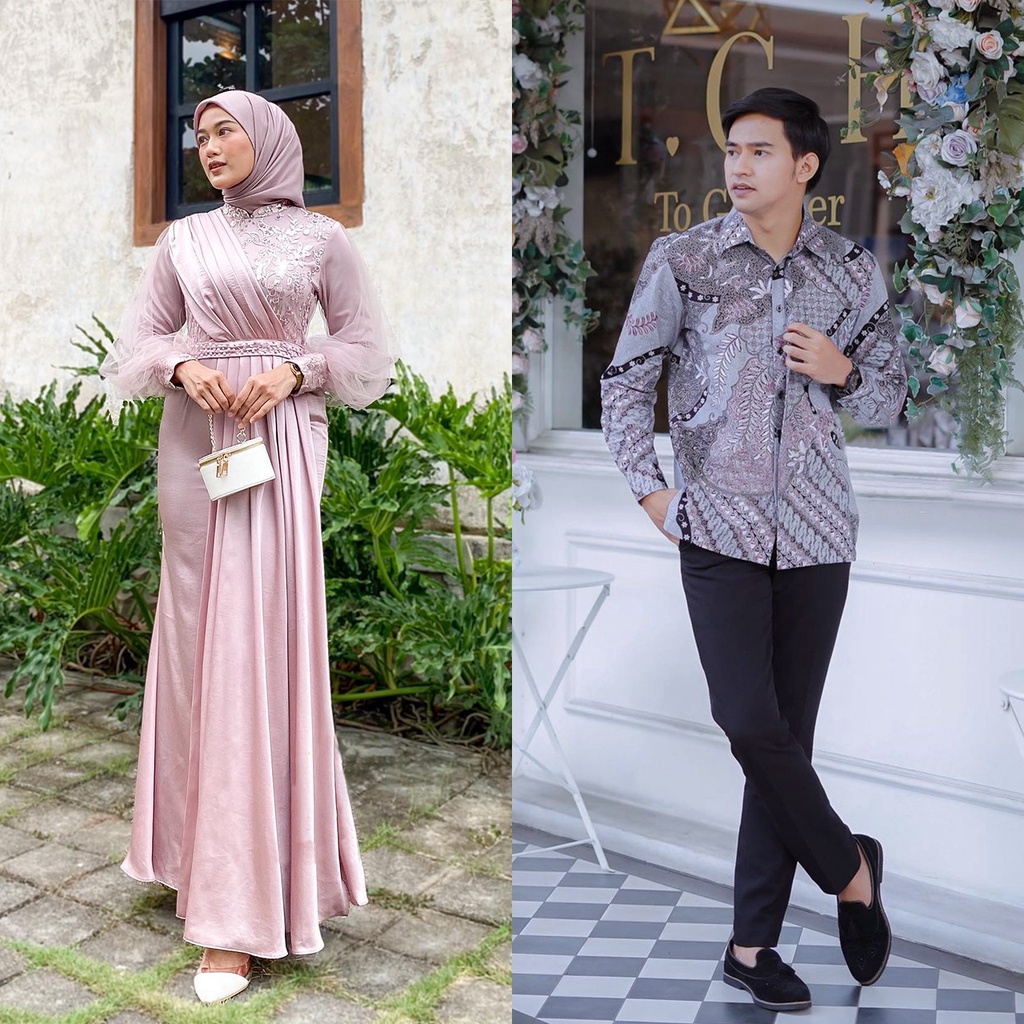 NAYAKA BATIK - Couple Gamis Melody Brukat Tulle Mutiara Couple Dress Kondangan Lamaran Baju Couple Lebaran Adeeva Amara Maxi Dress Modern