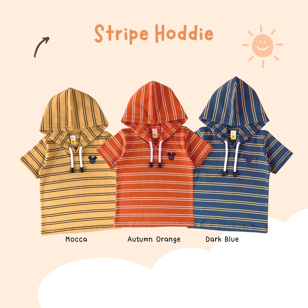 Yobebee Kaos Stripe Hoodie Anak Laki Laki Usia 2 4 6 8 10 Tahun Kaos Tudung Motif Garis Salur Model Tangan Pendek Baju Atasan Kids Bordir Karakter Cotton Lembut Strech Boy Tee Shirt Model Casual Santai Kaos Hodie Anak Cowok