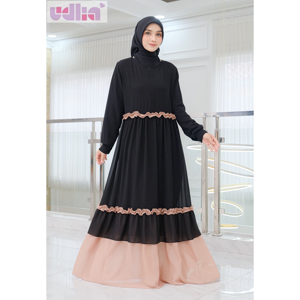 Udlia Gamis Pesta Lebaran Cerutty Nastya Hitam Kombinasi Krem  S M L XL