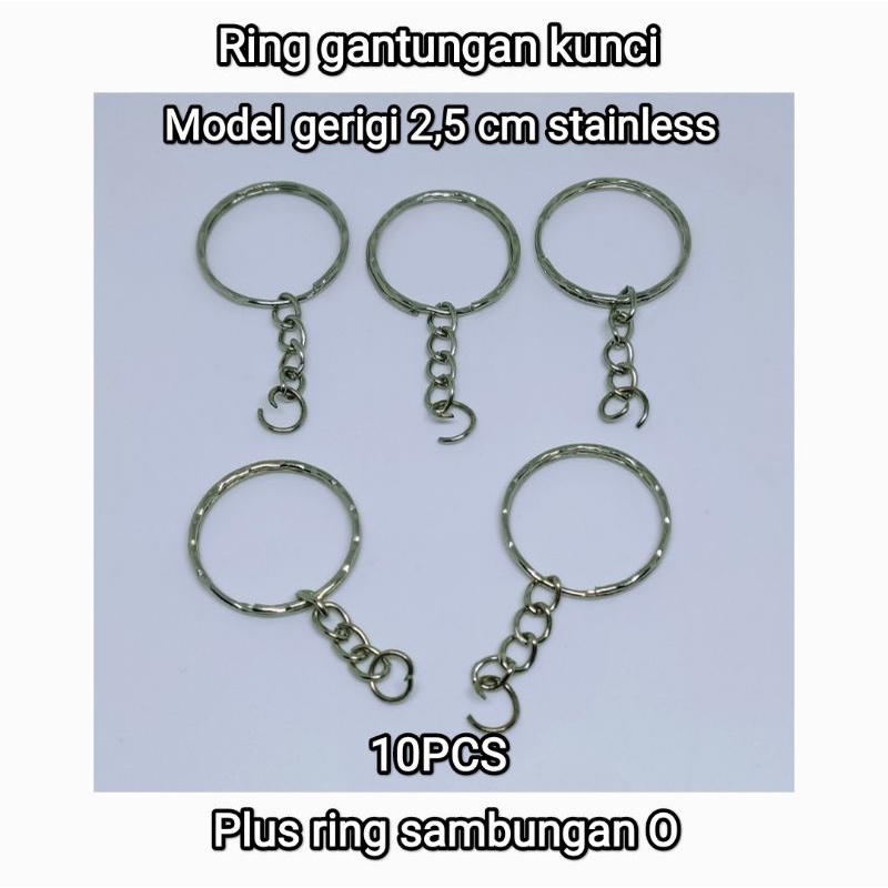 Ring Gantungan Kunci/Keychain Stainless Model gerigi 2,5cm isi 10pcs + ring sambungan untuk pengait