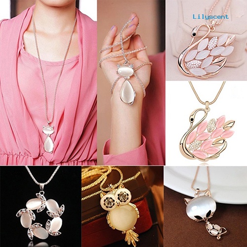 [LS] Wanita Fashion Rantai Kalung Berlian Imitasi Kucing Swan Owl Liontin Perhiasan Hadiah