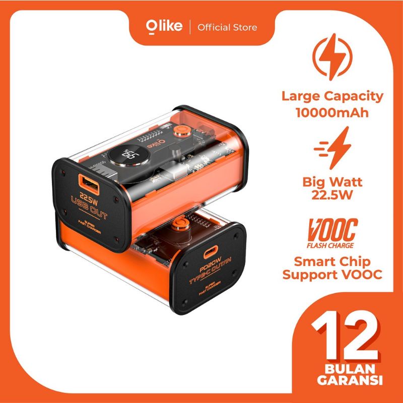 Olike Powerbank P5 10000mAh Real Capacity 4.5A 22Watt 1 Port + PD TYPE-C Quick Charging &amp; Suport VOOC Feature Modern Design &amp; Transparant Garansi Resmi