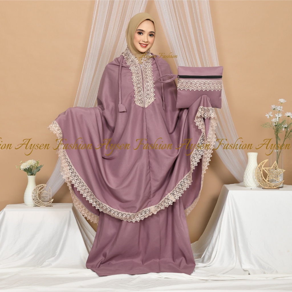 Mukena Dewasa Inayah Series 2 in 1 Resleting Katun Polos Renda