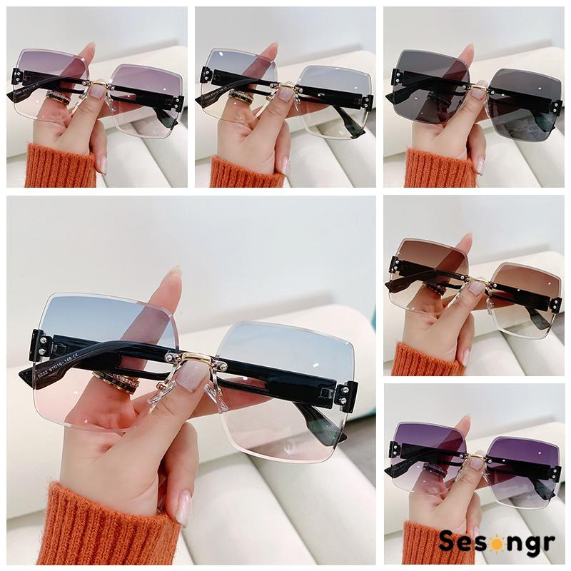 Kacamata Hitam UV400 Tanpa Bingkai Bentuk Persegi Warna Gradasi Gaya Korea Untuk Wanita - SG