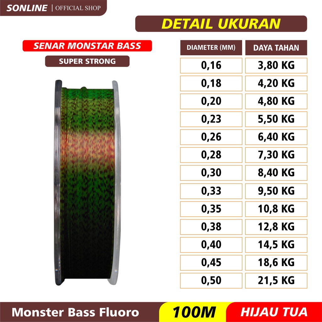 SONLINE Tali Pancing  Bass FLUOROCARBON 100M Warna Hijau Tua Senar Pancing Fishing Line Strength 4.20kg-16.5kg Sangat kuat