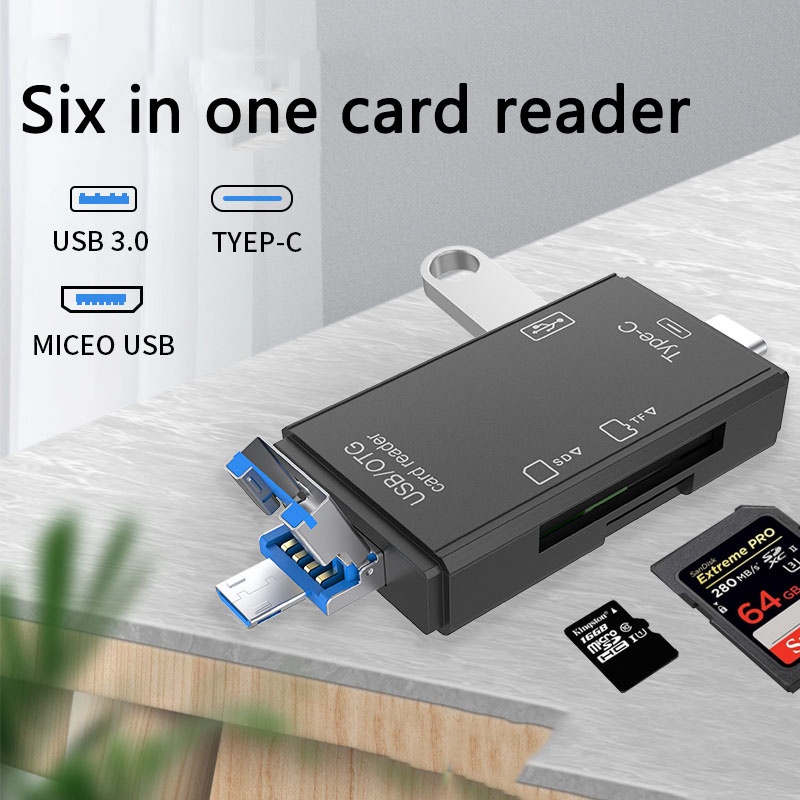 6in1 Multifungsi usb Tipe C/usb/micro usb/tf/SD Smart Memory Card Reader otg Flash Memory Disk Card Reader Adapter
