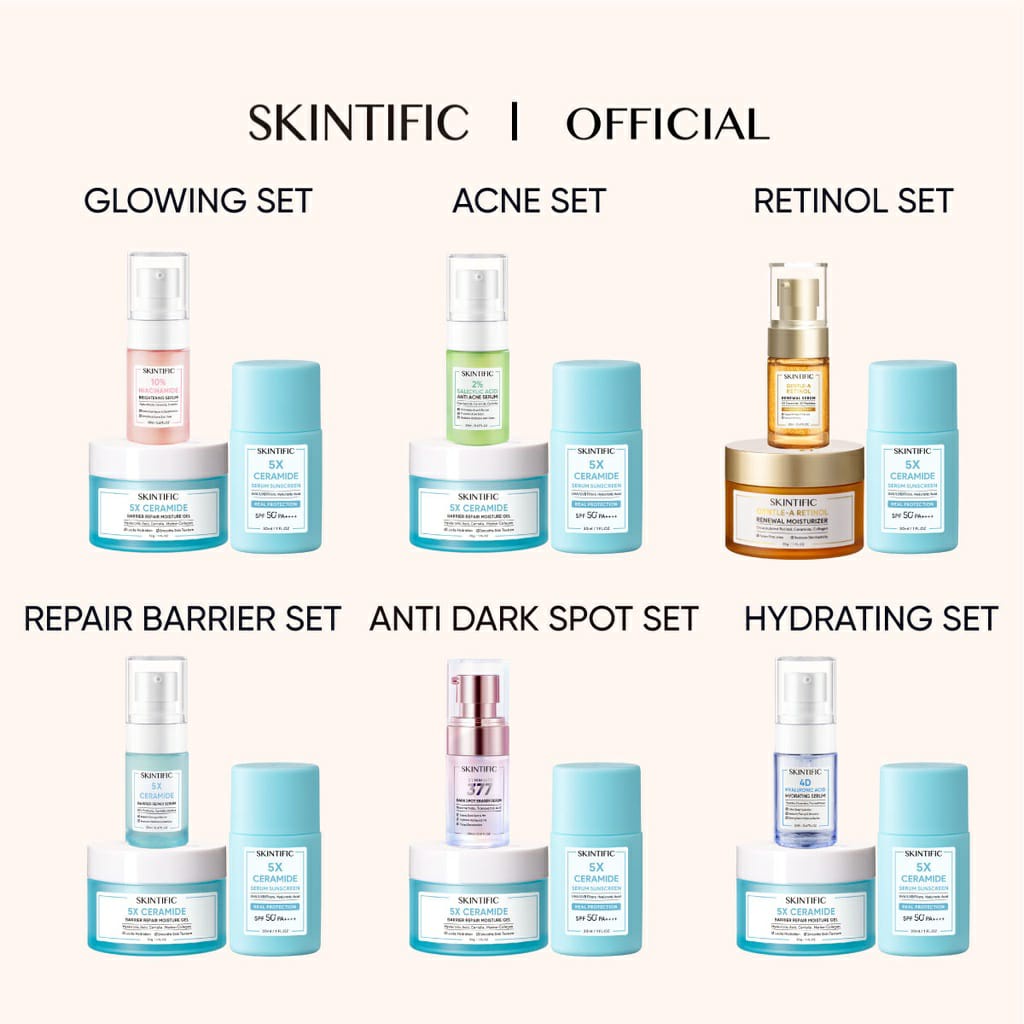 SKINTIFIC 3pcs with Sunscreen - Paket Skincare Moisture Gel + Serum Sunscreen + Brightening Serum / Anti Acne Serum / Barrier Repair