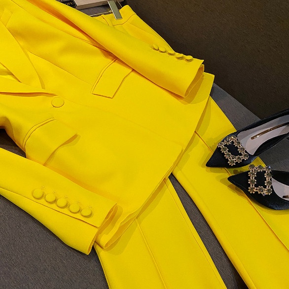 Suhao one-piece suit musim panas baru lemon kuning profesional memakai fashion kain tombol mid-length suit setelan celana berkobar two-piece suit